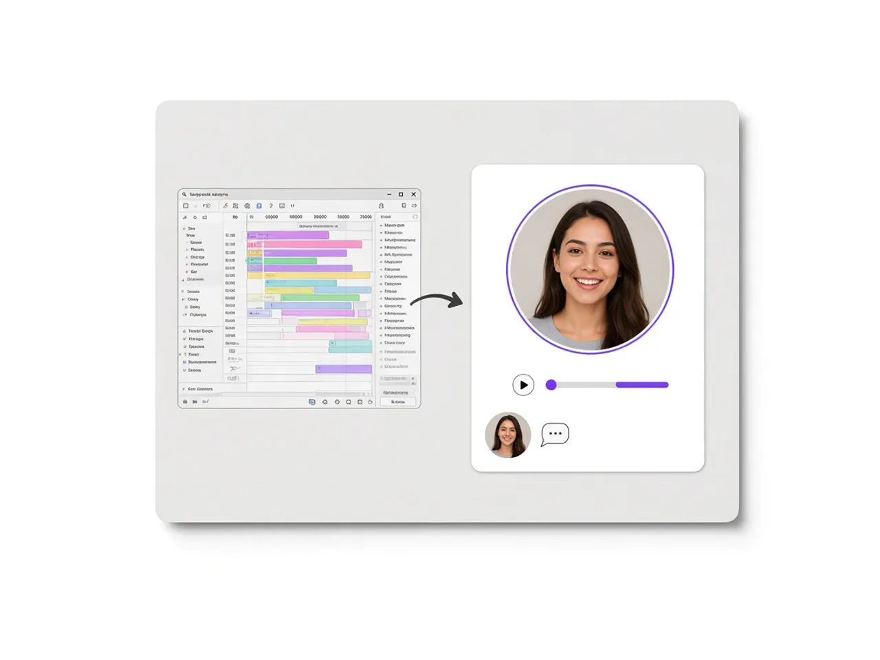 A cluttered multi-track video editor beside a simple card with one round video, a trim bar, and a small avatar preview