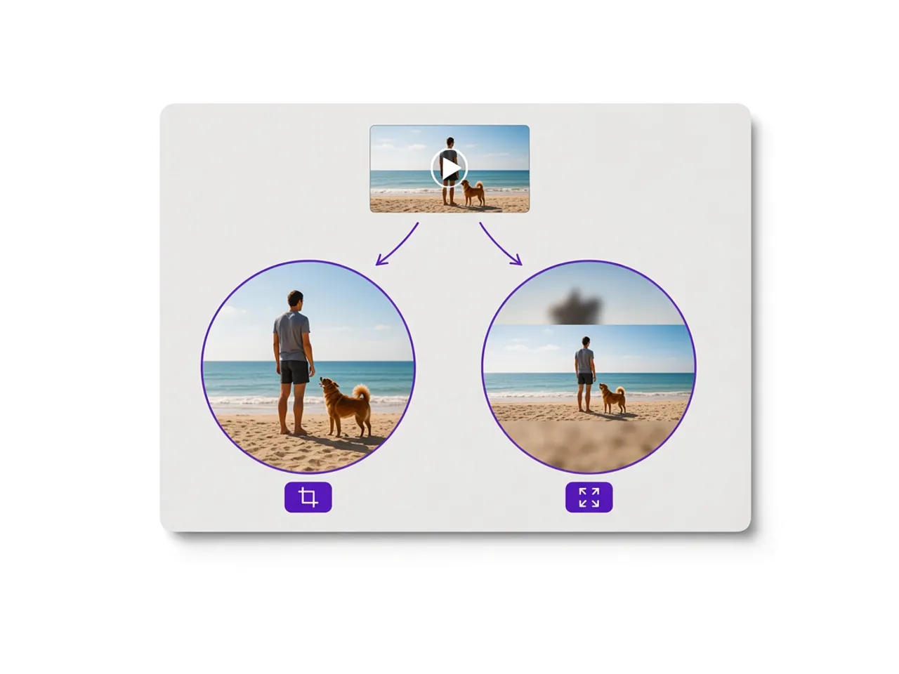 A wide beach clip turned into two circles: Fill zooms in edge to edge, Fit keeps the whole scene over a blurred backdrop