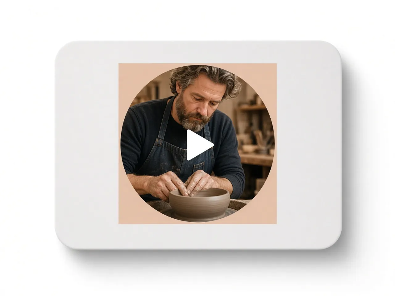 A square video tile with peach corners and a circle in the middle showing a potter at a wheel