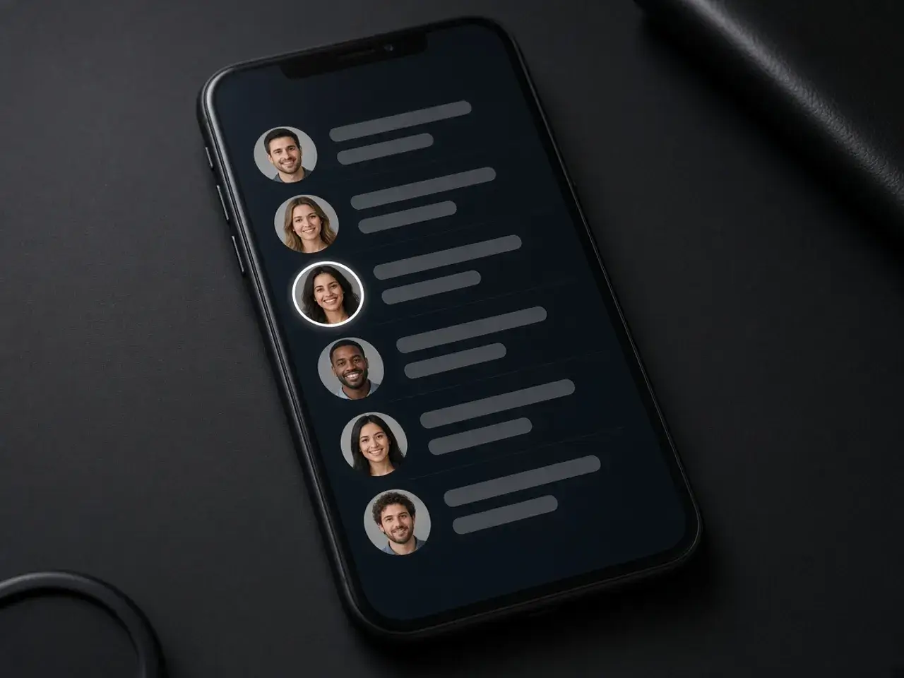A phone in dark mode showing a chat list where one round portrait with a bright white ring stands out from the others