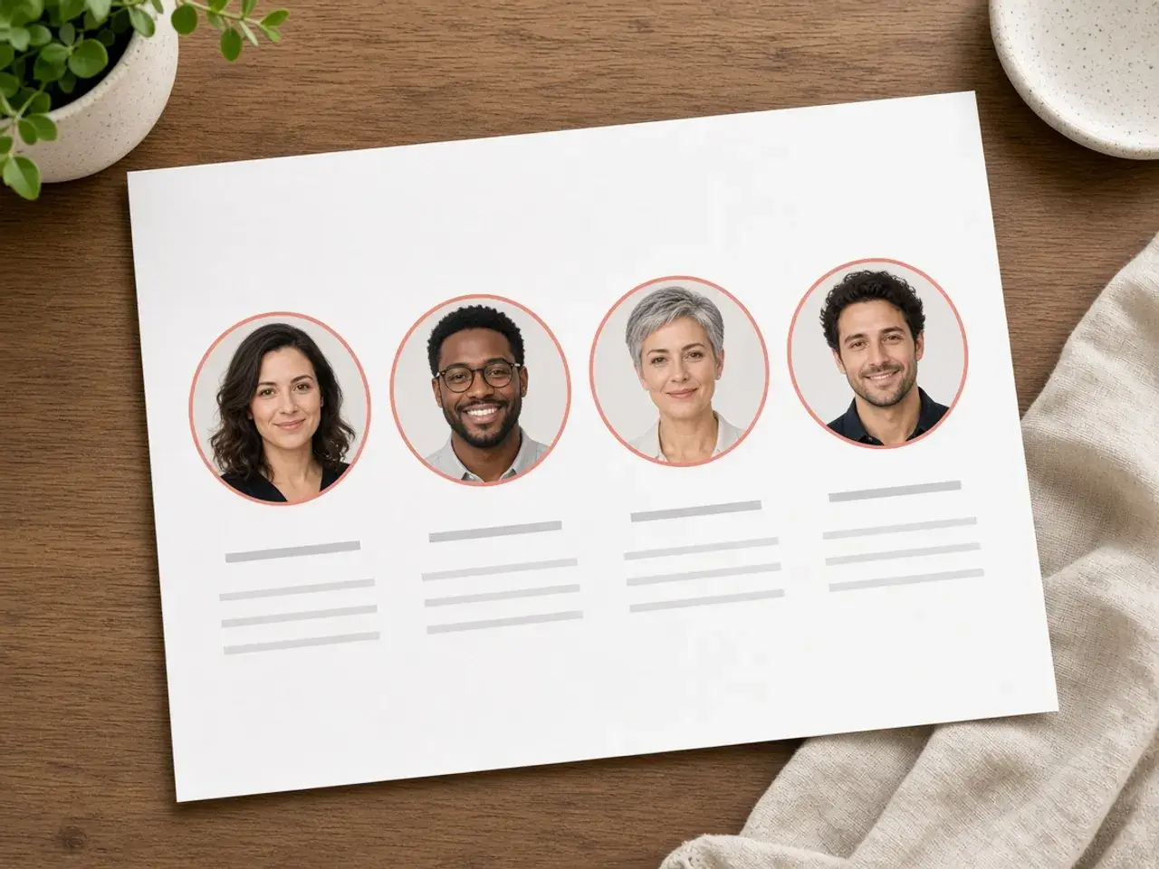 A printed event program with a row of round speaker headshots, each framed by the same coral ring