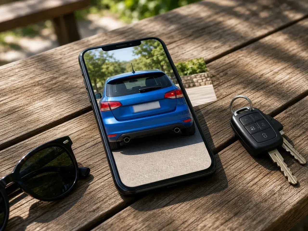 A phone on a picnic table showing a photo of a parked car with a soft blurred patch over its license plate.