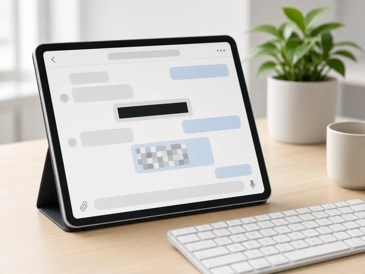 A tablet on an office desk showing a chat screenshot where one line is covered by a solid dark bar and another is pixelated.