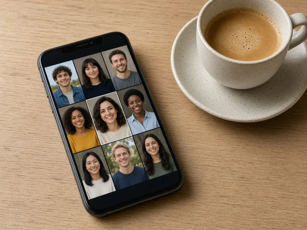 A phone on a wooden desk showing a grid of casual portraits, with one bright, window-lit selfie selected.