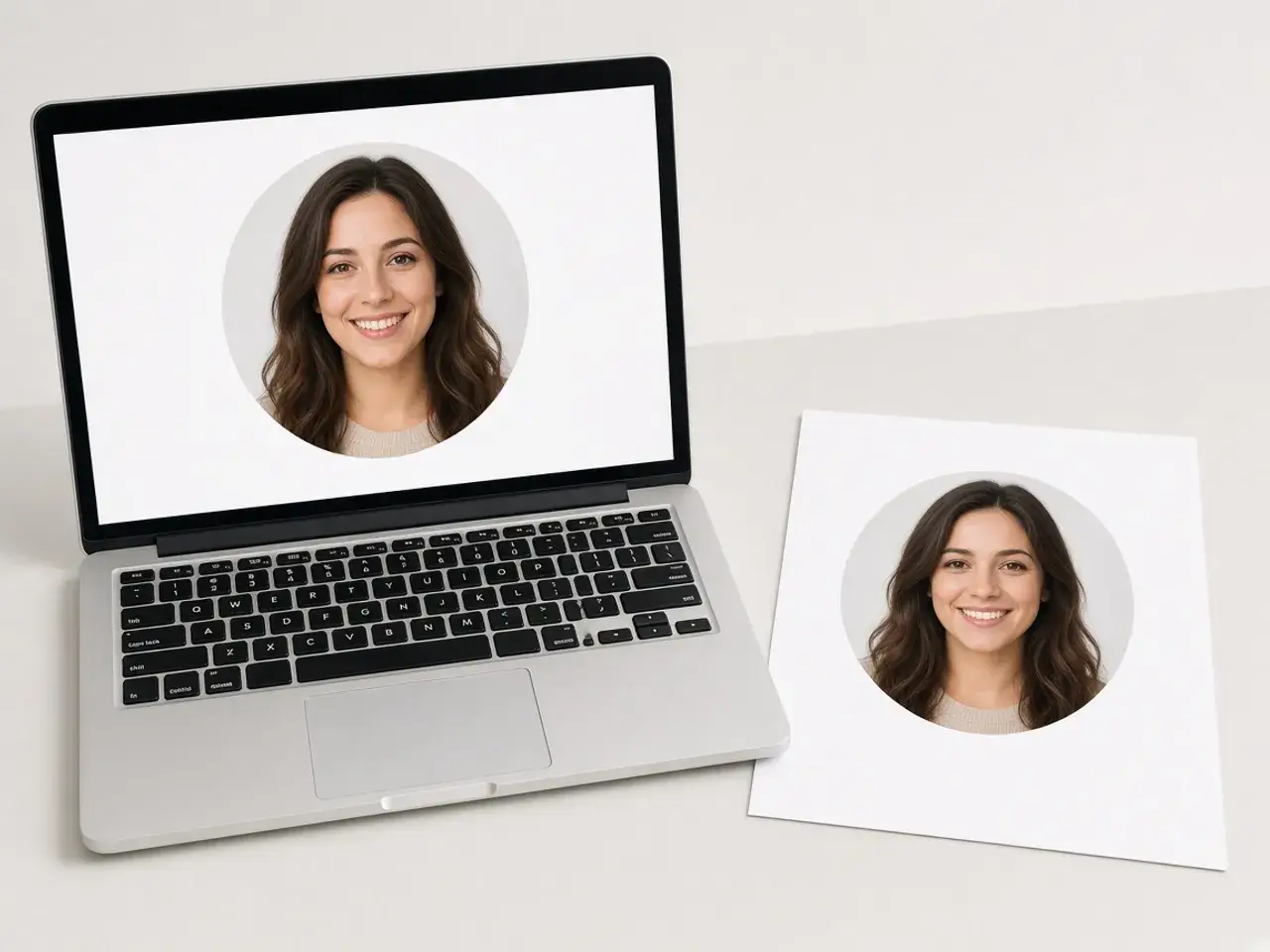 A laptop showing one round headshot with space above the head, beside a printed rectangular copy of the same photo.