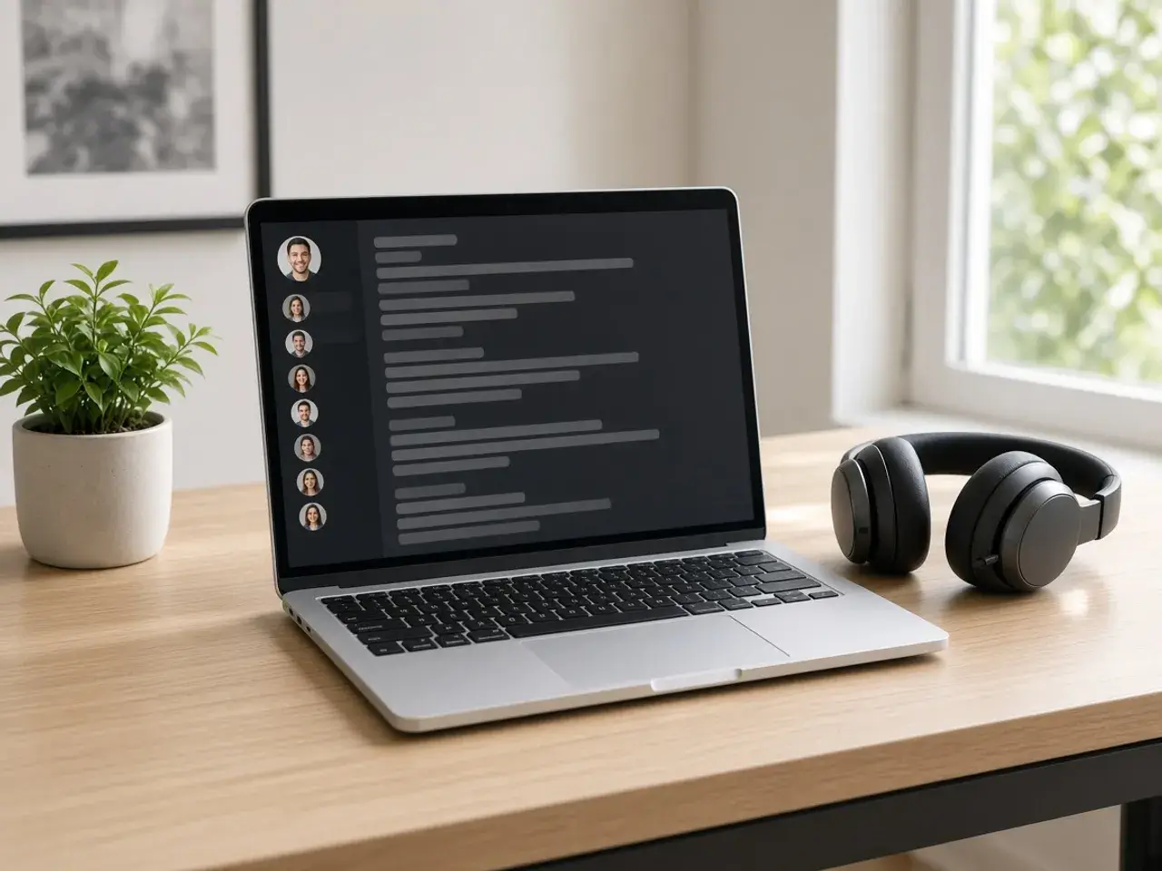 A laptop on a gaming desk showing a dark chat window with a column of small round avatars, one of them a clear close-up face.