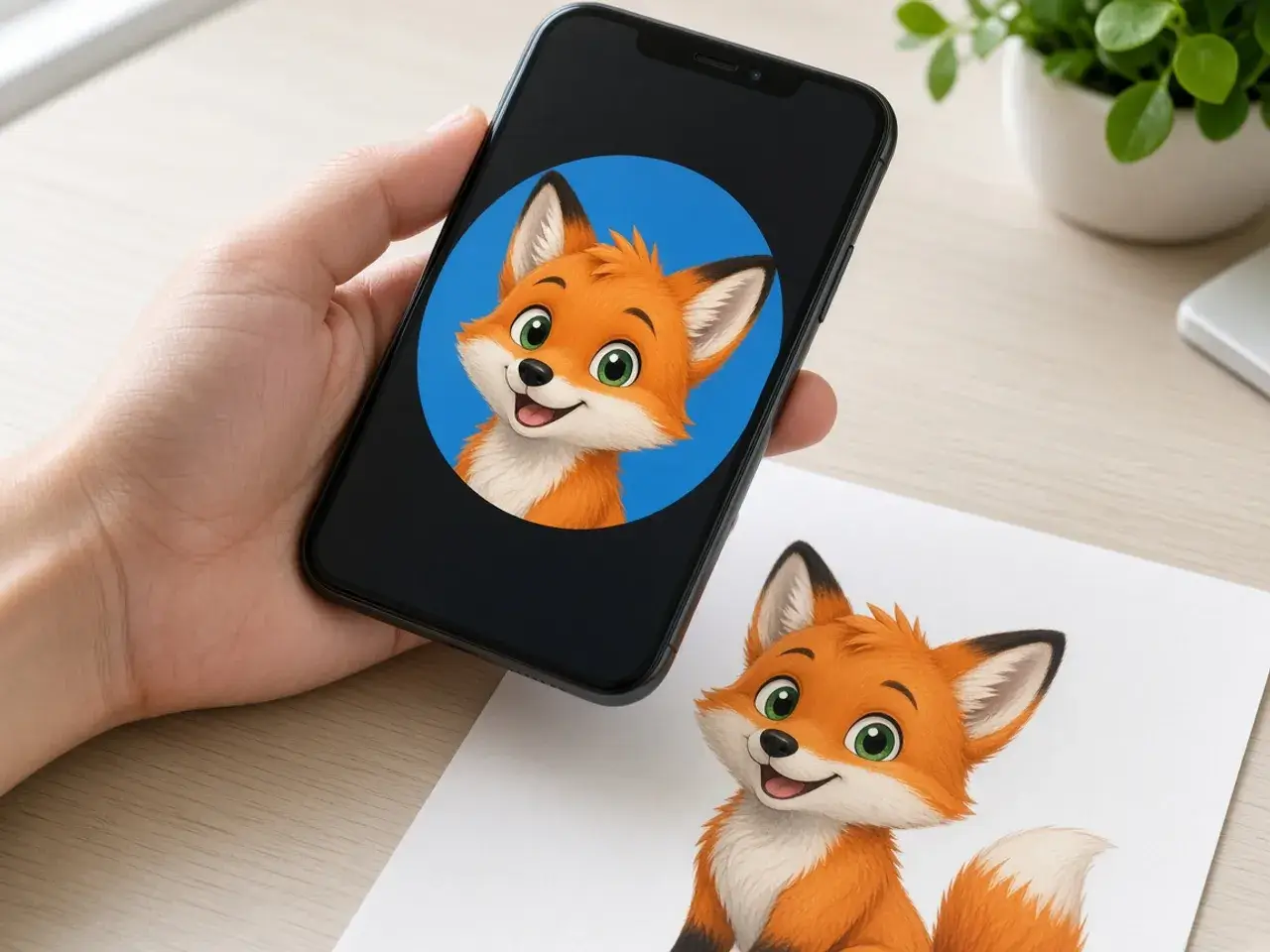 A hand holding a phone that shows a round, centered crop of a cartoon character, above a printed drawing of the same character.