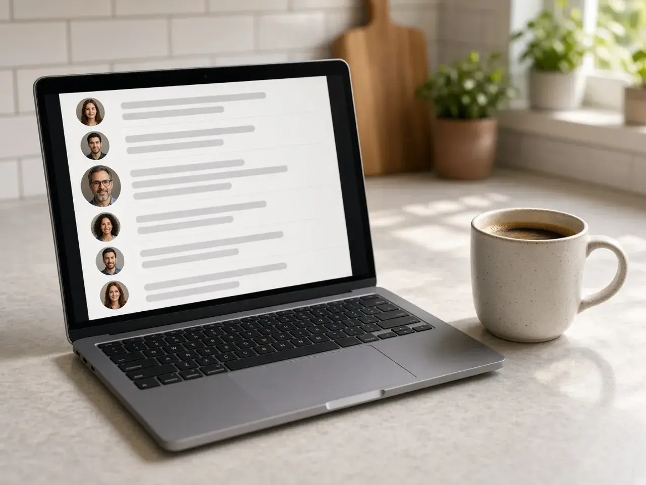 A laptop on a kitchen counter showing a long comment thread with small round portraits beside each comment.