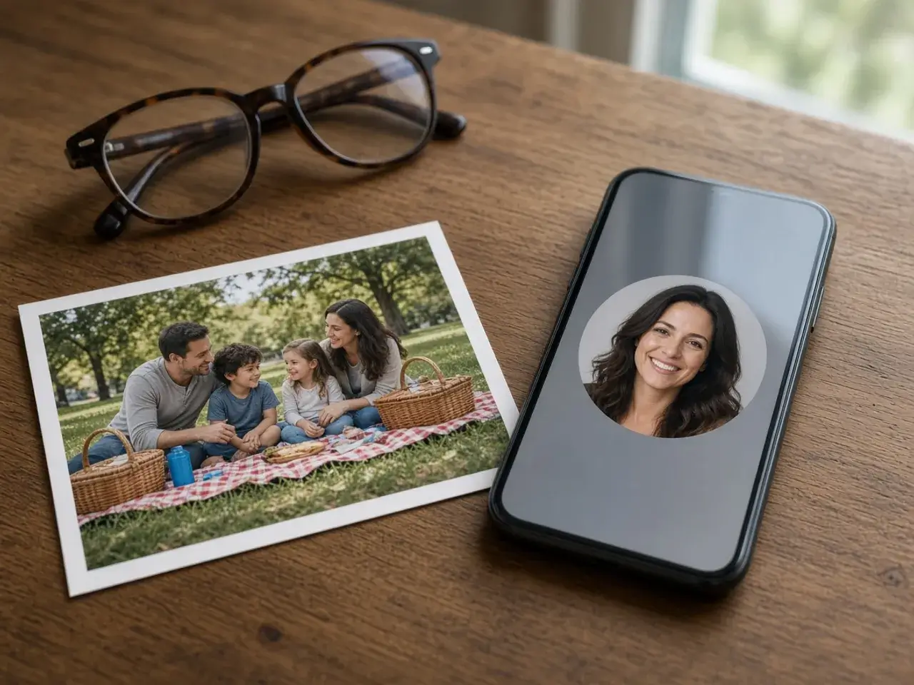 A printed family photo on a table next to a phone showing one smiling face cropped into a circle from that photo.