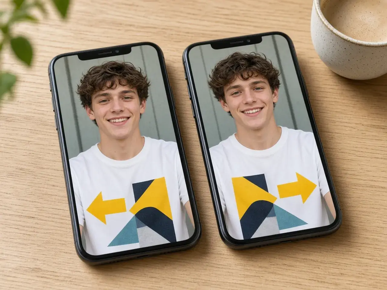 Two phones on a café table showing the same selfie, one with a reversed T-shirt print and one with the print the right way round.
