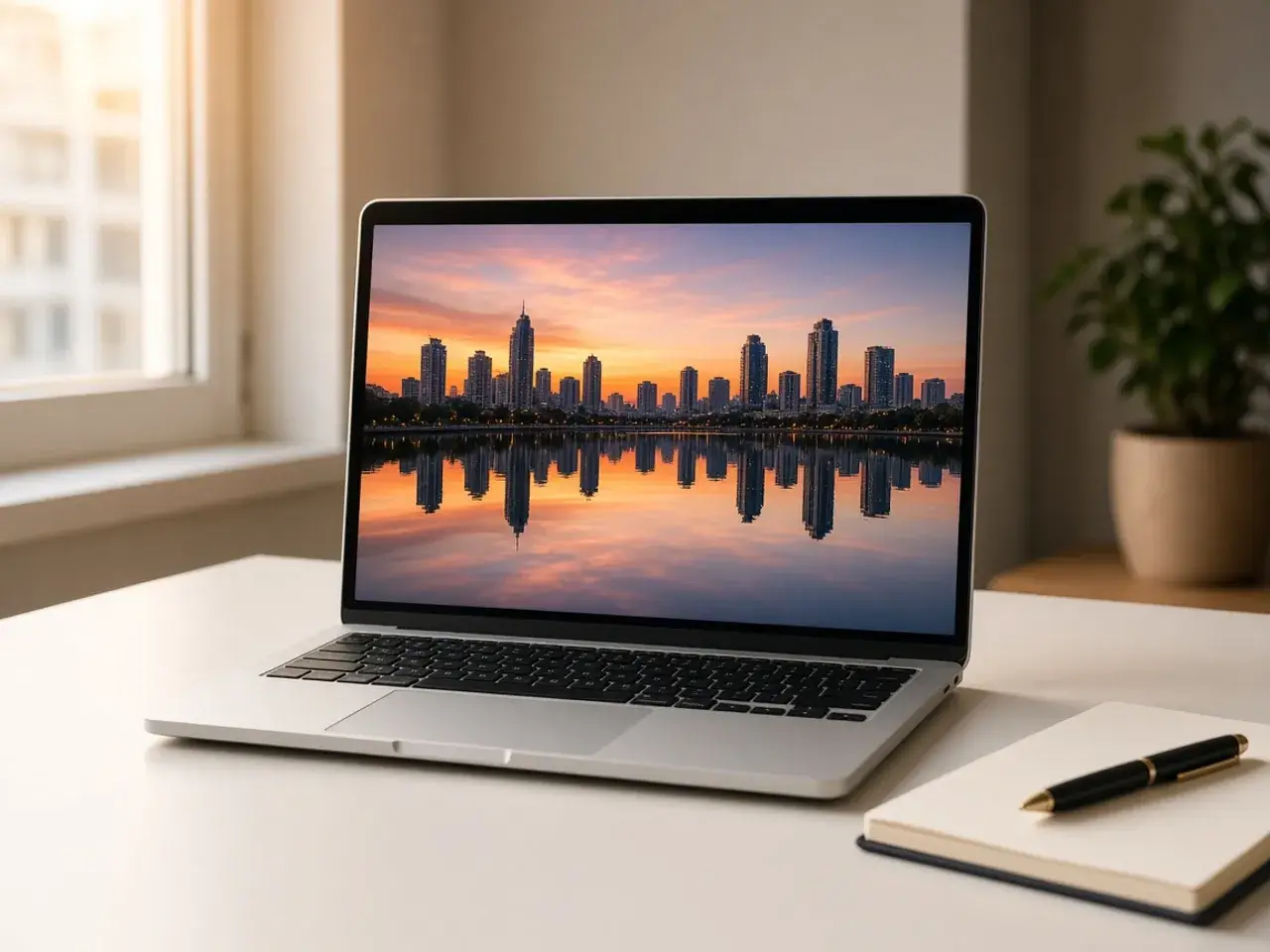 A laptop on a white desk showing a city skyline photo whose top half is reflected into the bottom half like a still lake.