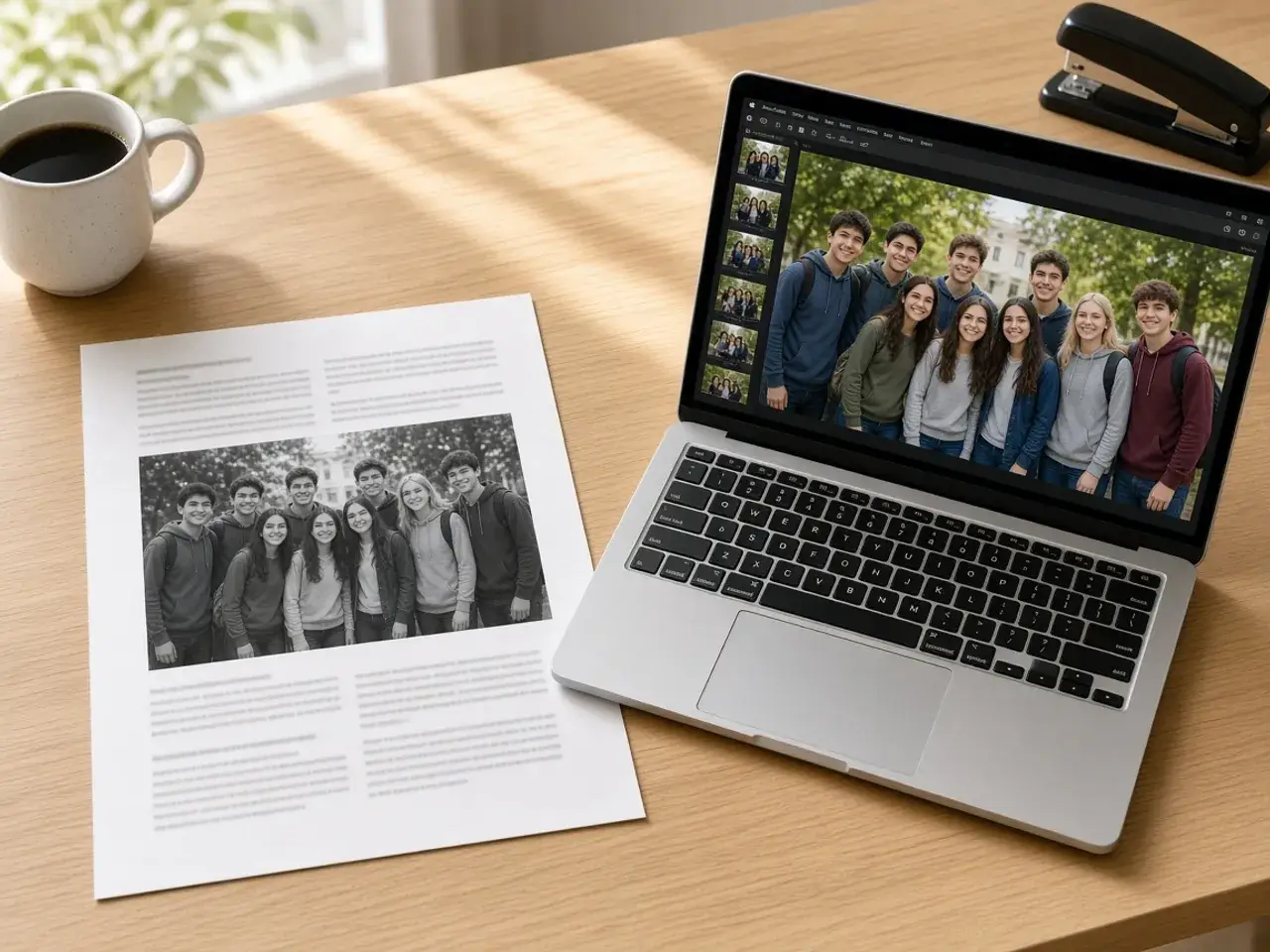 A printed school newsletter on a desk with a black-and-white group photo, next to a laptop showing the same photo in color.