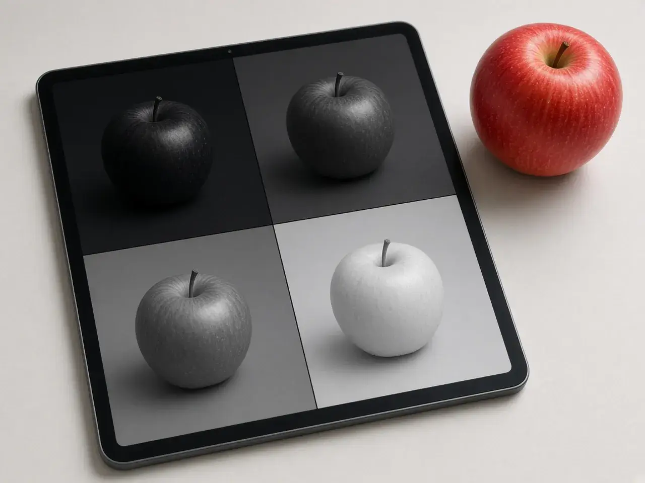 A tablet on a light table showing a photo of a red apple in four gray versions side by side, each a little lighter or darker.