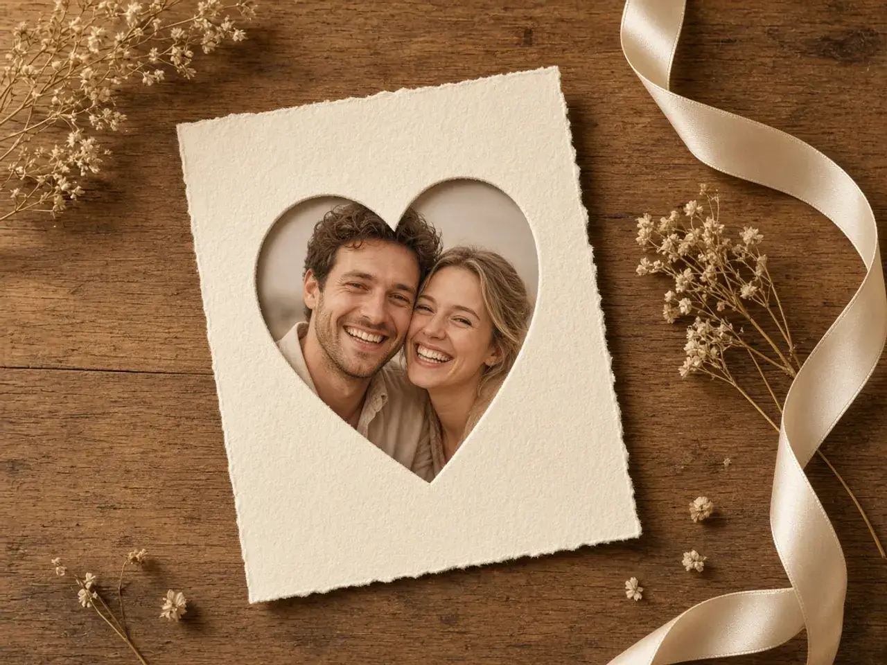 A handmade anniversary card on a table with a smiling couple’s photo cut into a heart, surrounded by dried flowers