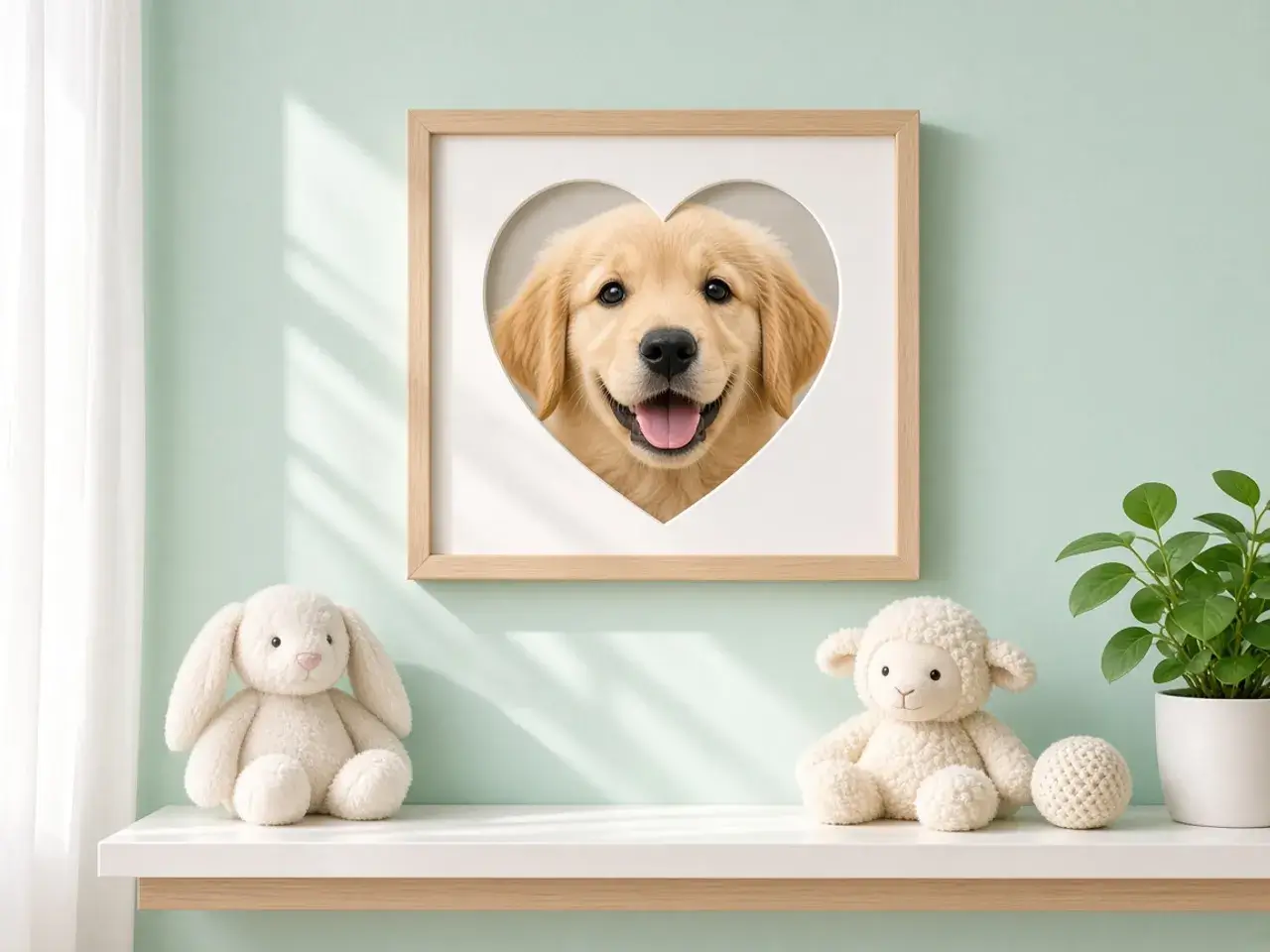A framed nursery print of a puppy’s face cut into a heart shape, hanging above a small shelf with toys