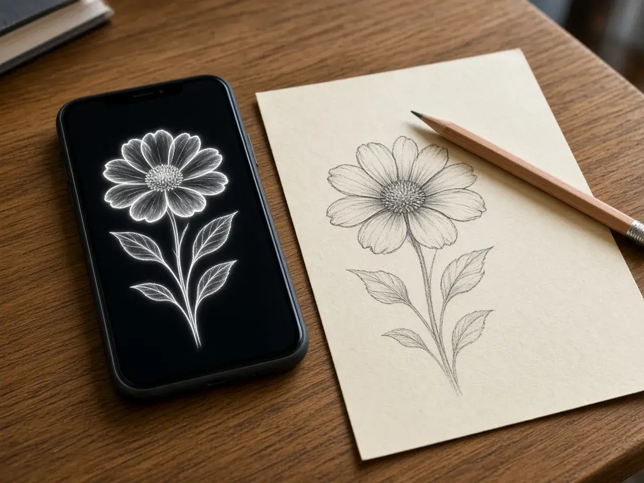 A phone on a wooden desk showing a pencil sketch as white lines on a black background, next to the original sketch on paper.