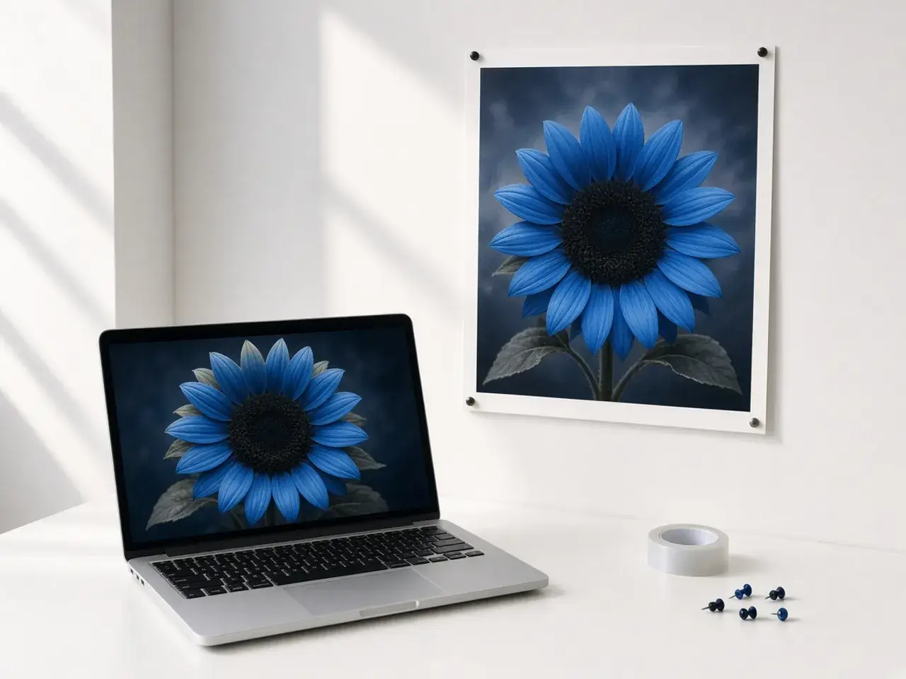 A laptop showing a flower photo in inverted colors, with a printed poster of the same inverted flower pinned to the wall behind it.