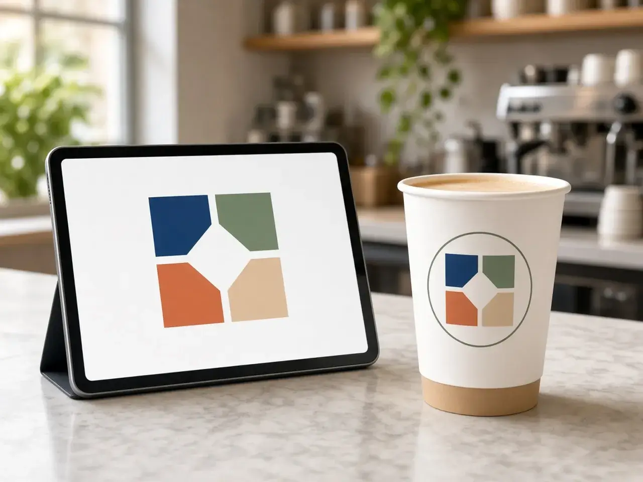 A square coffee shop logo on a tablet beside the same logo shown whole inside a round badge on a paper cup