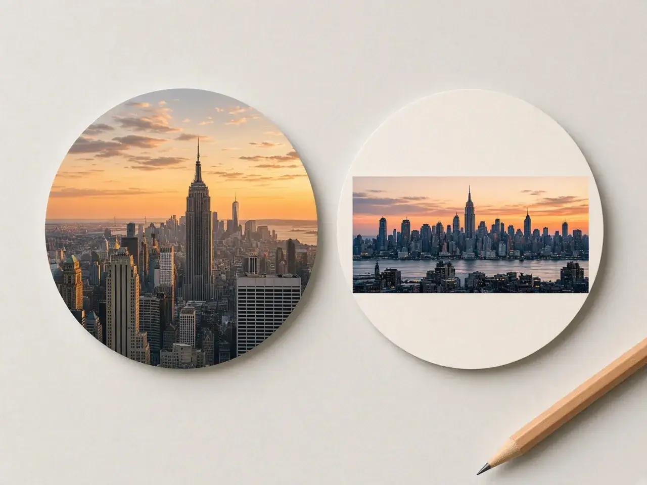 Two round prints of the same city skyline on a desk, one filling the circle and one showing the full skyline with space around it