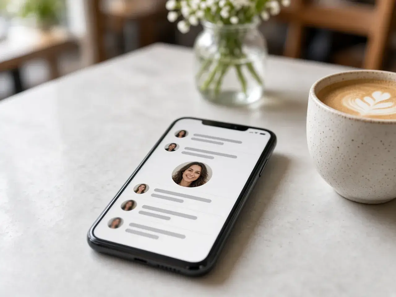 A phone on a café table showing a comment thread with a small round portrait beside each reply.