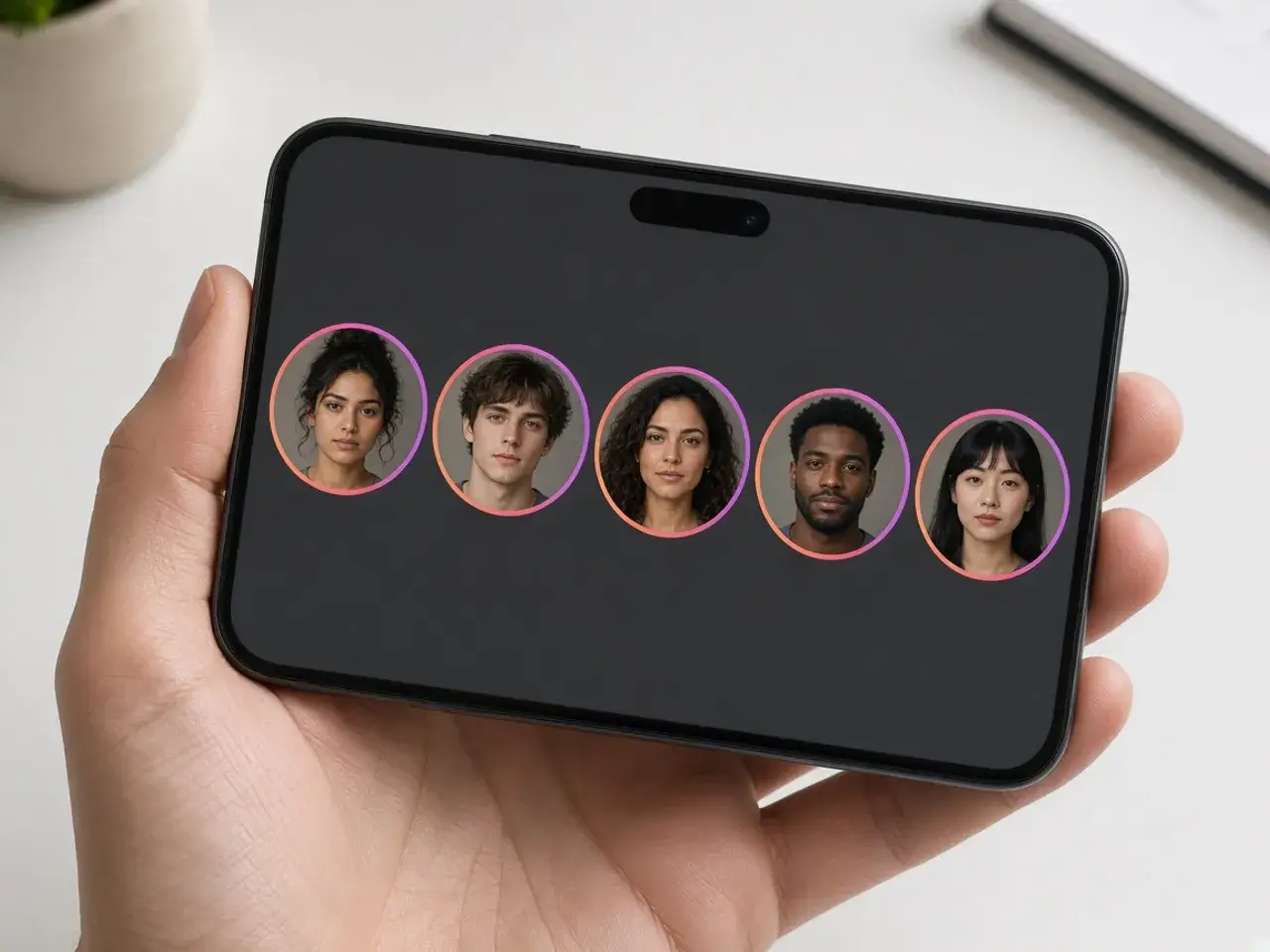 A row of round profile photos on a phone screen, each wrapped in a colorful ring, with one well-centered face in the middle.