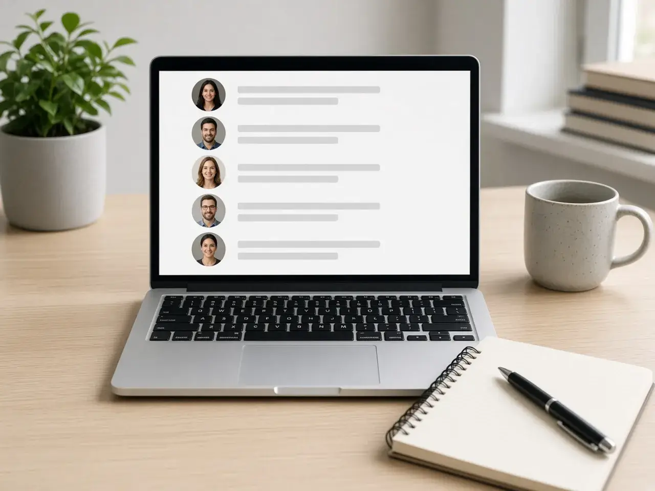 A recruiter’s desk with a laptop showing a list of candidates, each with a small round headshot beside the name.