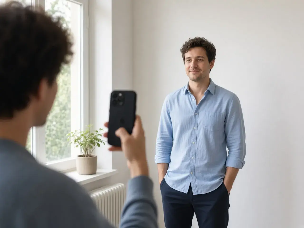 A person standing by a bright window as a friend takes their photo with a phone, with a plain wall behind them.