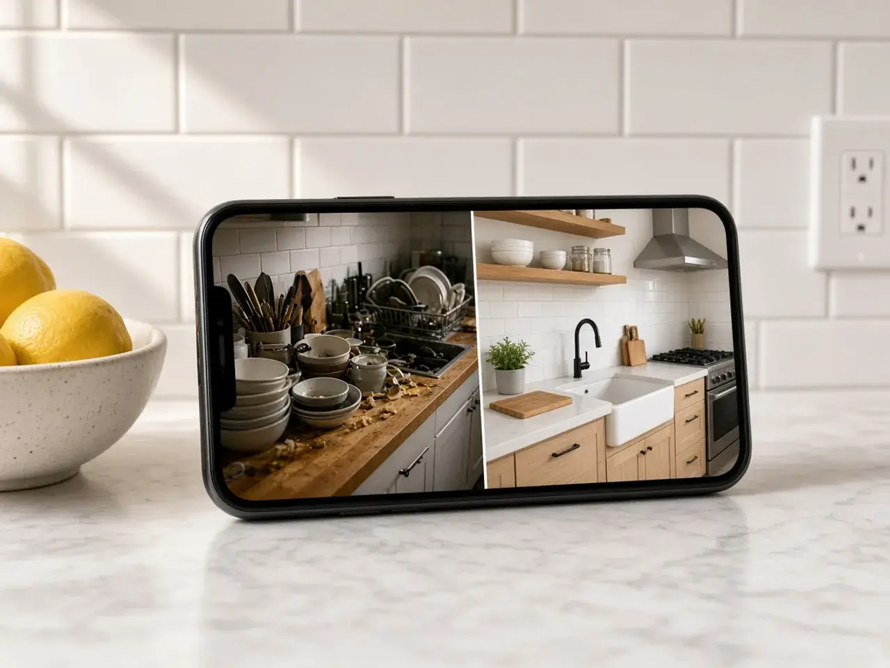 A phone on a kitchen counter showing two photos of the same kitchen joined side by side, one cluttered and one freshly tidied.