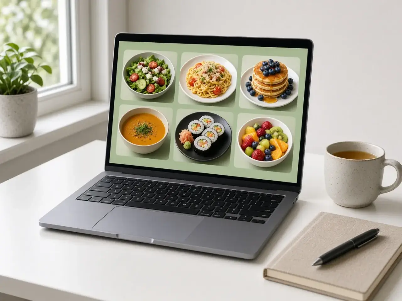 A laptop on a bright desk showing six food photos arranged in a tidy grid on a pale green background.