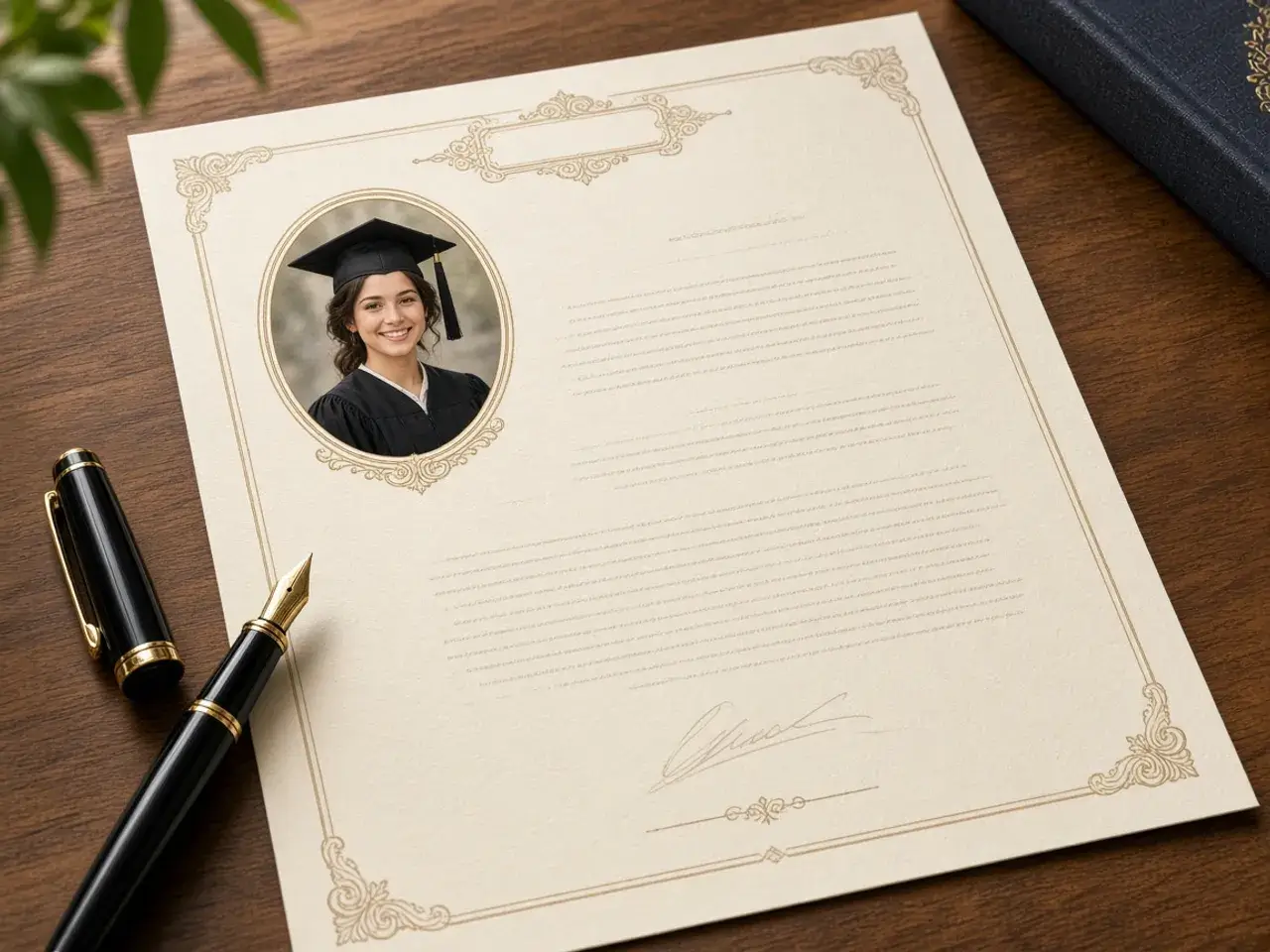 A framed certificate on a wooden desk with a smiling graduate shown in a tall oval portrait in the corner