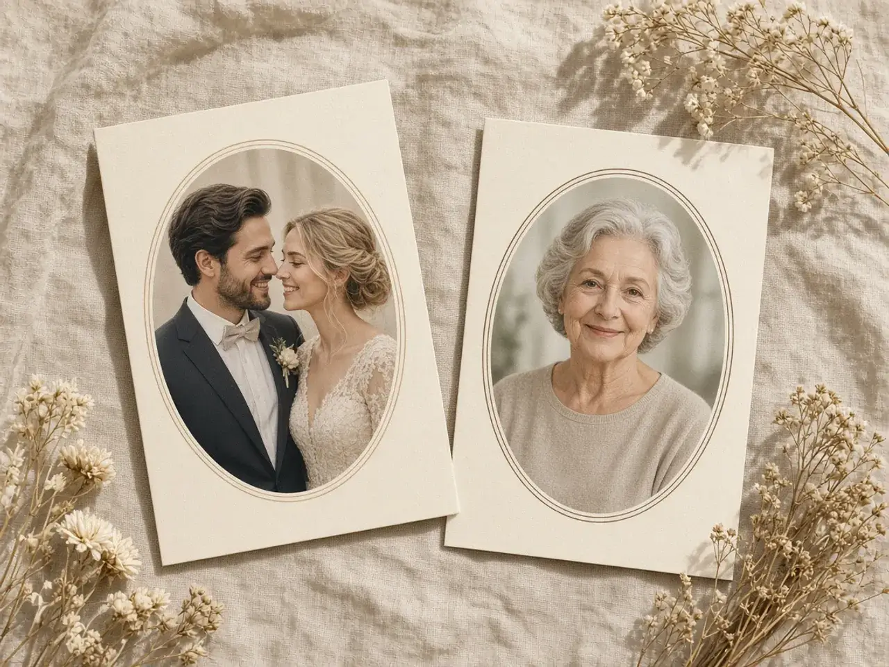 A cream wedding program and a memorial card side by side, each with a soft oval portrait of a couple and an older woman
