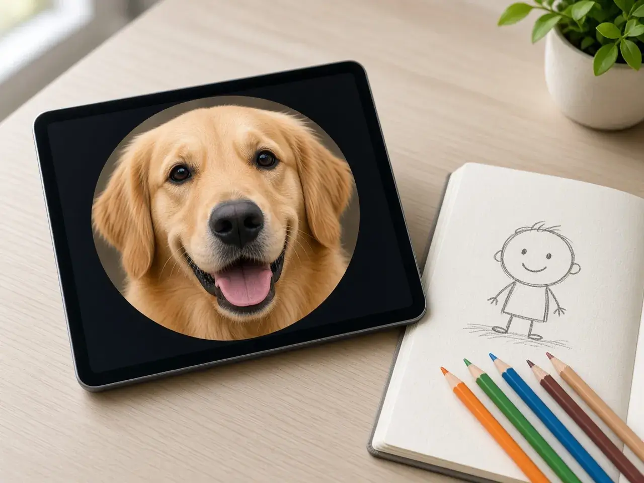 A tablet on a desk showing a close round crop of a dog’s face, next to a sketchbook with a cartoon character drawing.
