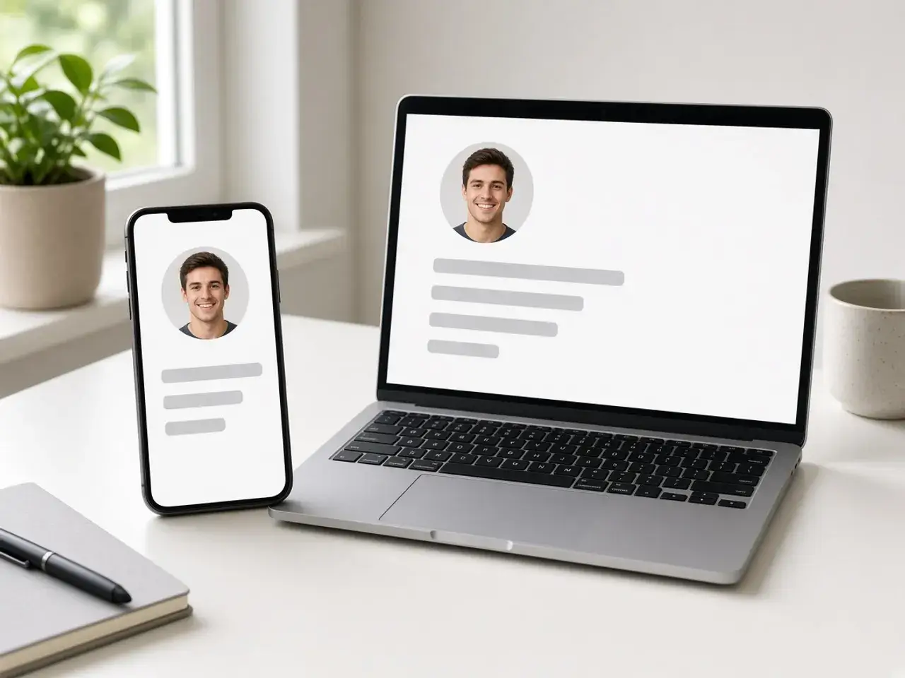 A phone and a laptop side by side, each showing the same small round avatar of a smiling person in a plain list.