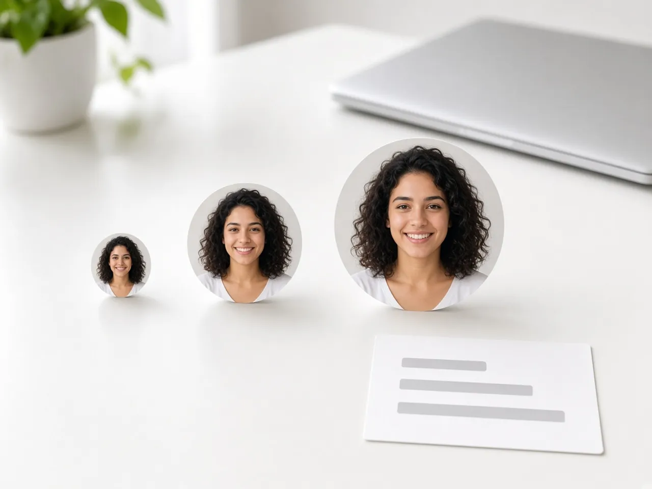 Three circular portraits of the same person in small, medium, and large sizes on a white desk, showing a profile picture resized to different export sizes.