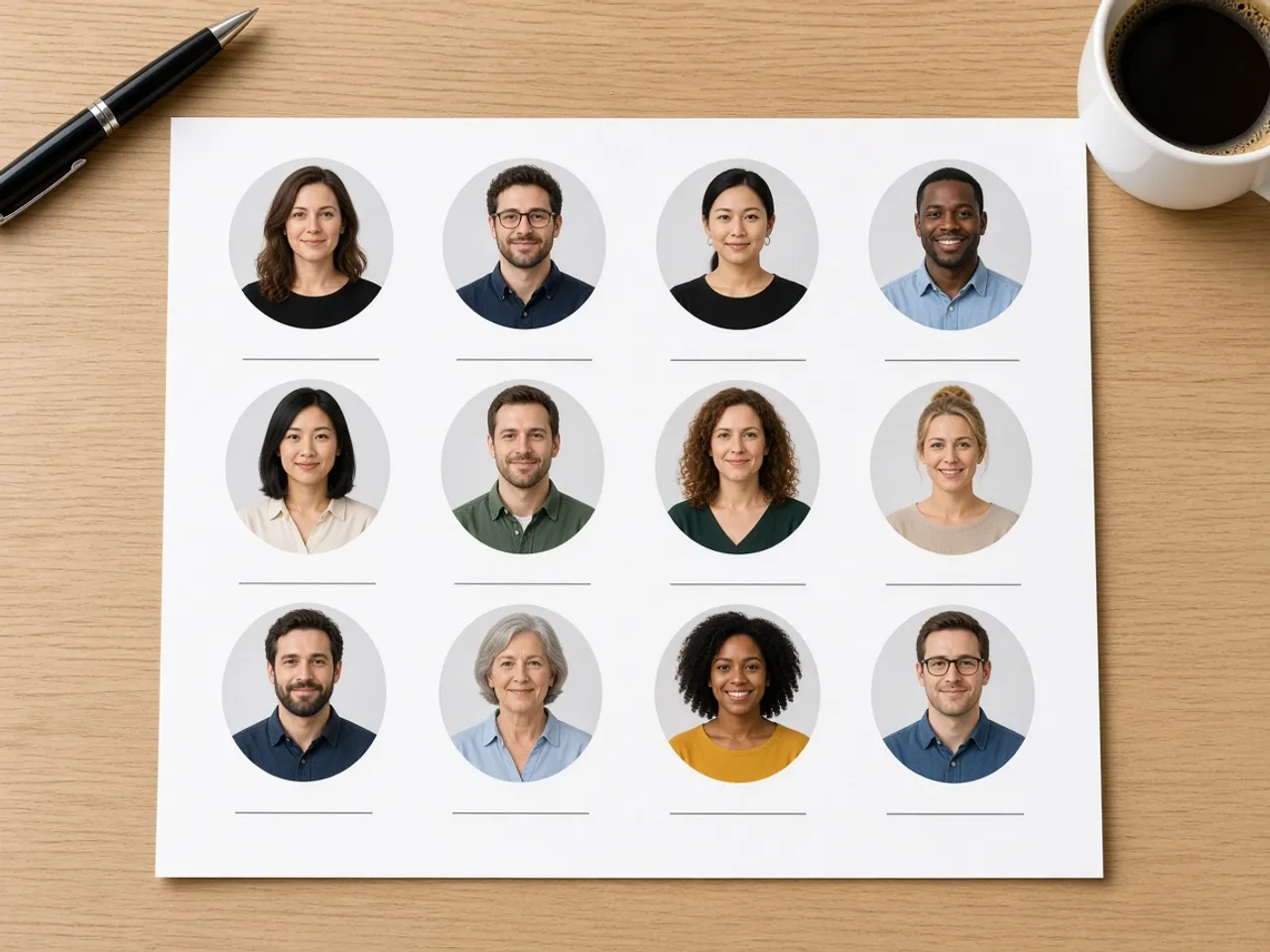 A printed staff directory sheet with a grid of evenly sized round headshots, lying next to a pen and a coffee mug.