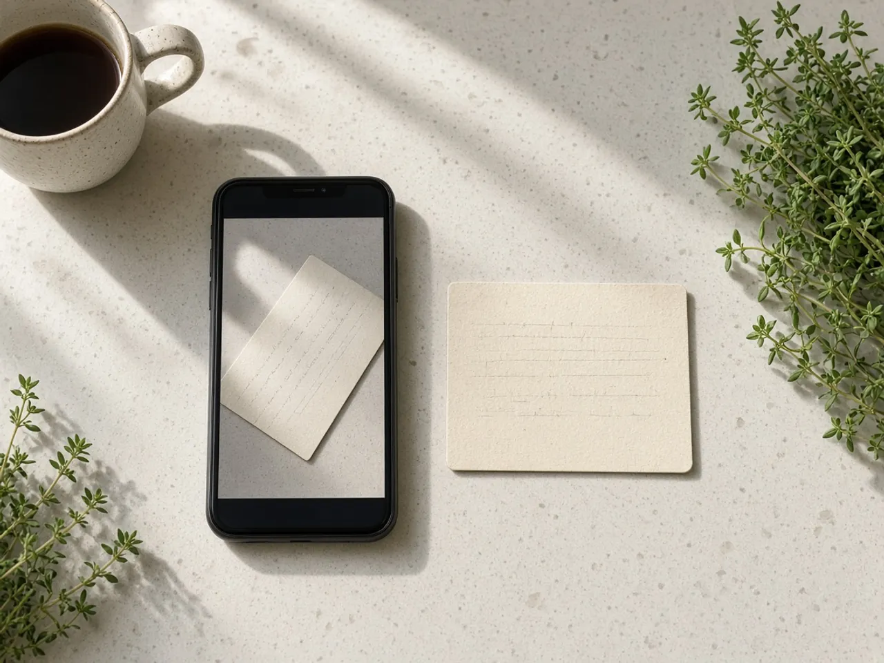 A phone on a kitchen counter showing a crooked photo of a recipe card, with the real card lying straight beside it.