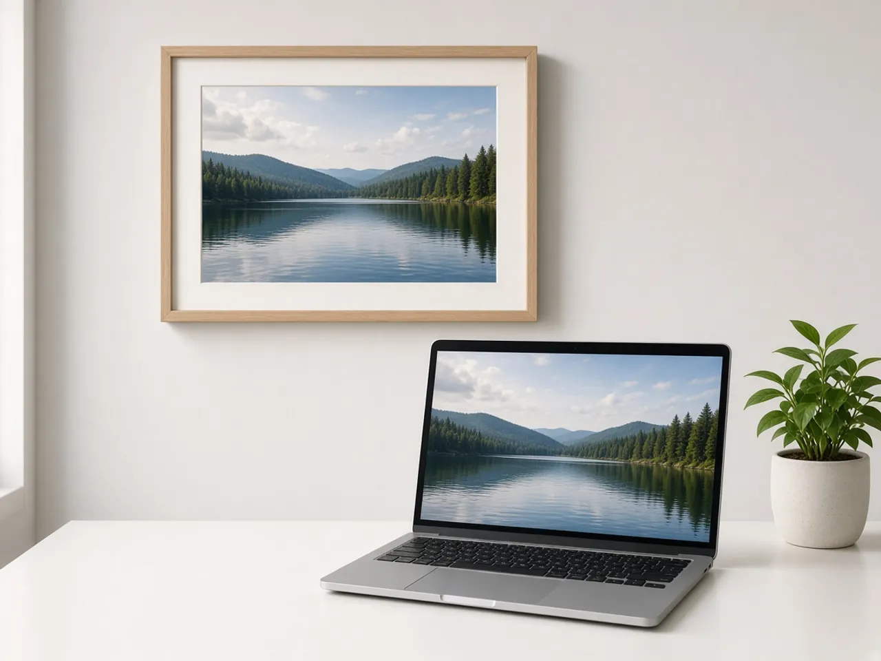 A laptop on a bright desk showing a straightened lake photo whose horizon lines up with the framed print of the same lake on the wall behind it.