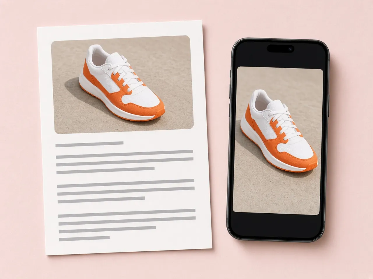 A printed newsletter and a phone screen showing the same sneaker photo with gently rounded corners