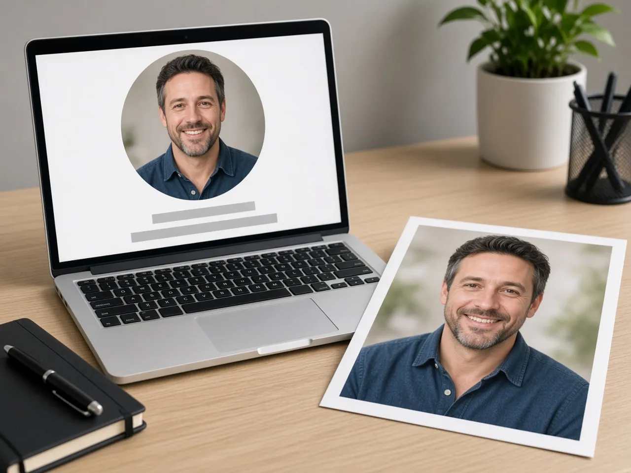 A laptop showing a presentation slide with a perfectly round headshot, next to a printed wide version of the same photo