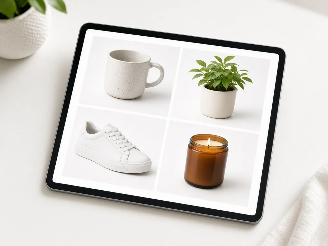 A tablet showing an online shop grid of square product photos: a mug, a plant, a sneaker, and a candle, all neatly centered