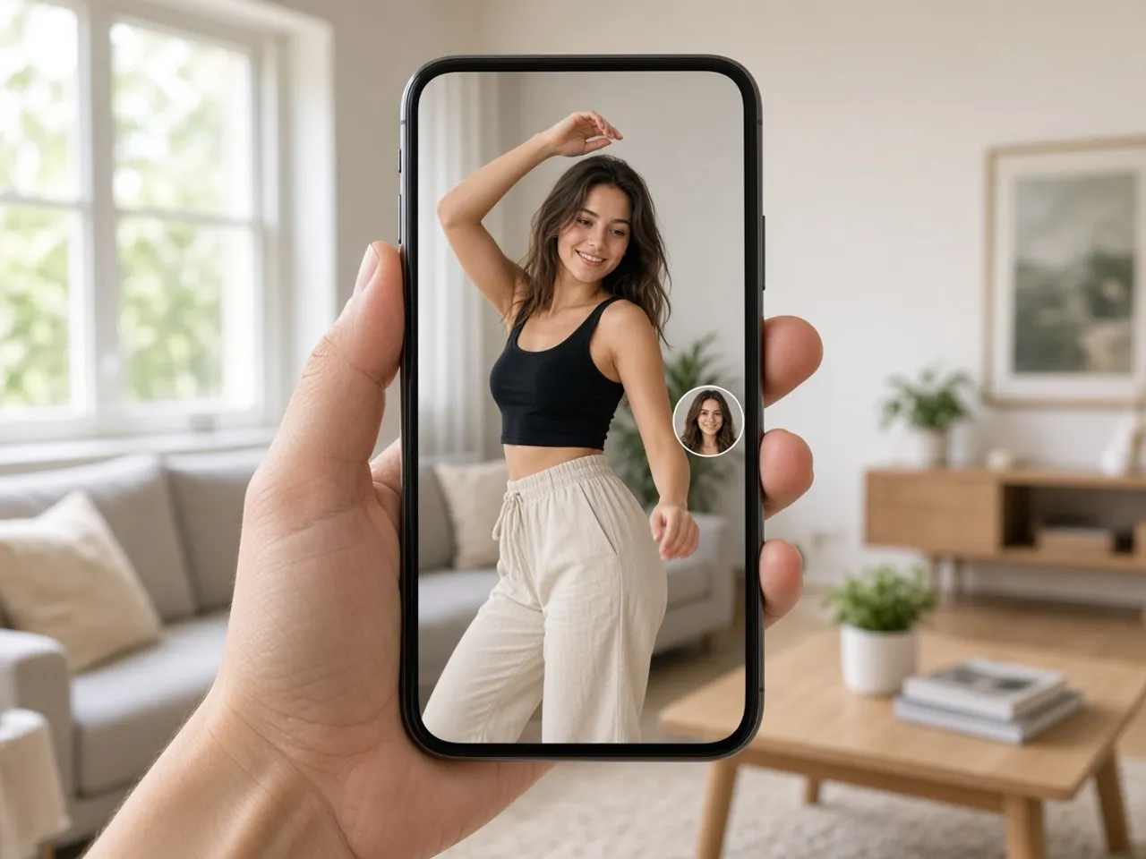 A phone held upright showing a full-screen dance video with a small round profile photo on the right edge.