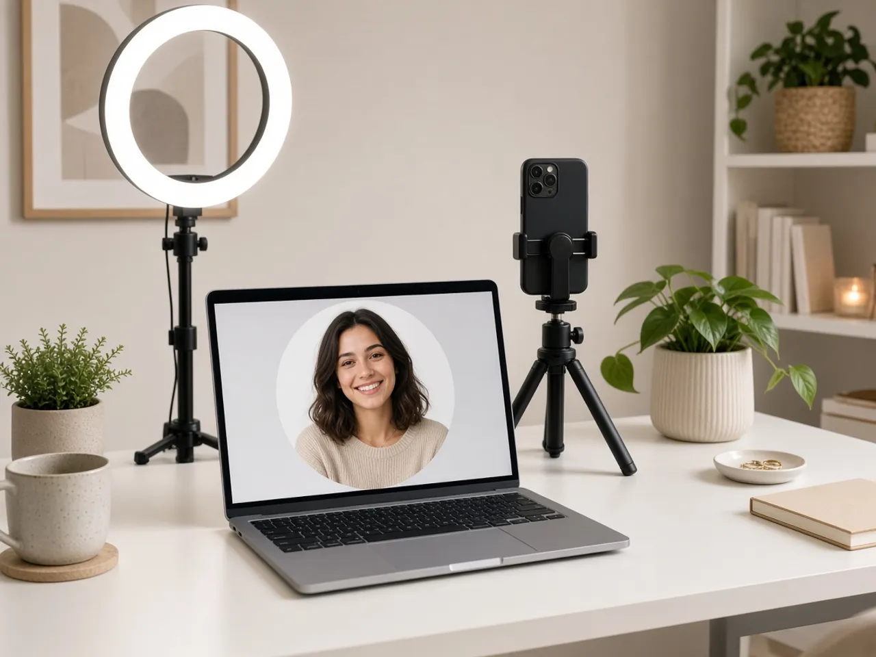 A ring light and a phone on a tripod beside a laptop showing one sharp selfie cropped into a circle.