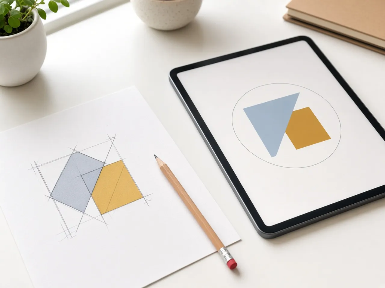 A designer’s desk with a printed square logo sketch and a tablet showing the same mark centered in a circle with space around it.